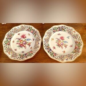 2 Vtg Schumann Bavaria Dresden Plates Reticulated German Porcelain, 10 1/2”